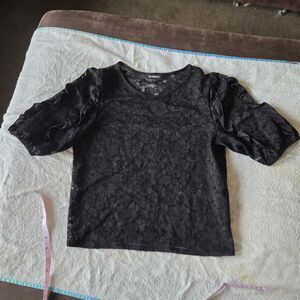 Express Black Floral Lace Satin Ruffle Sleeve Blouse XS Petite Y2K Gothic Top